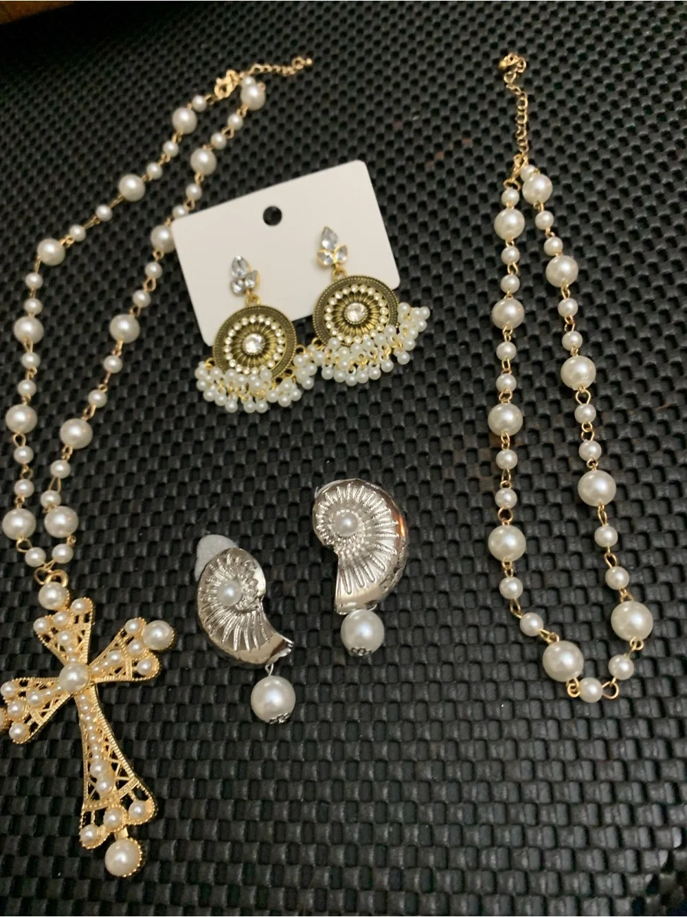 Gold Pearl Cross Necklace, Matching Necklace Drop Earrings & Silver 🐚 Earrings